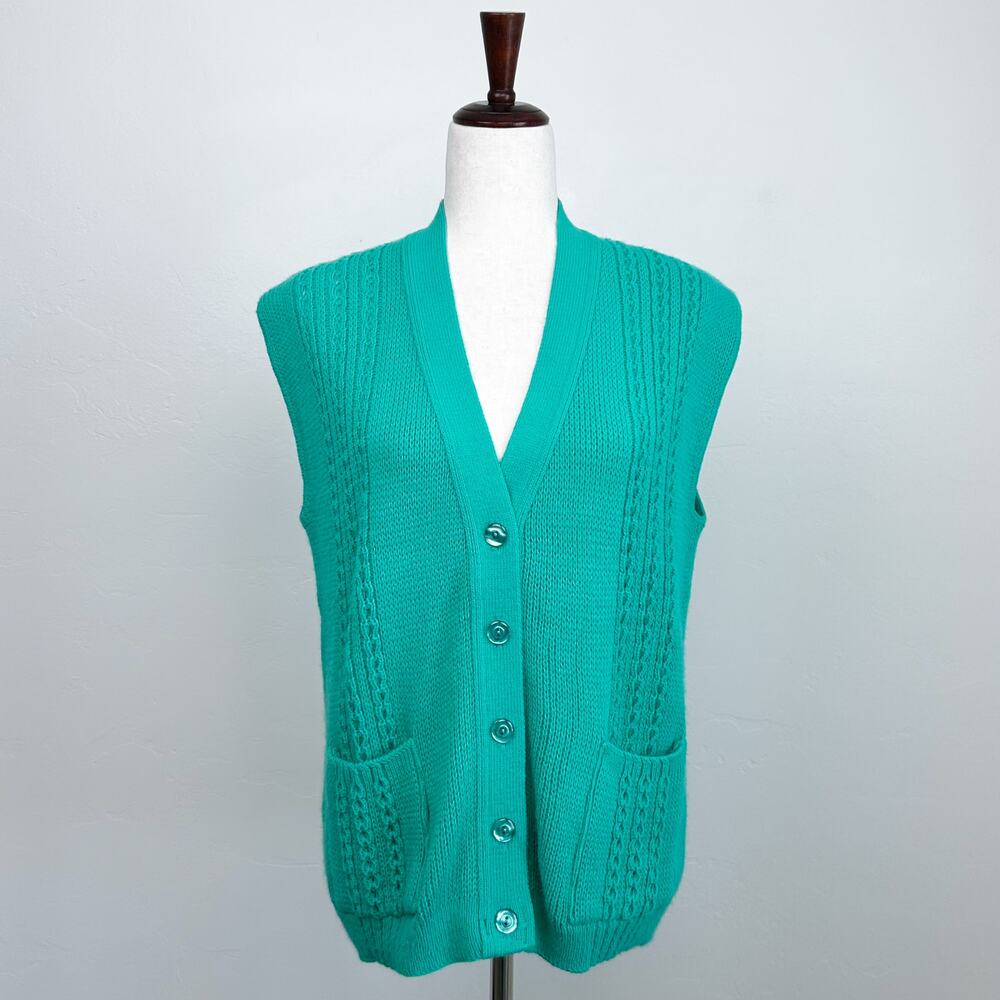 Vintage 70s College Point Retro Academia Green Cable Knit V-Neck Sweater Vest LG